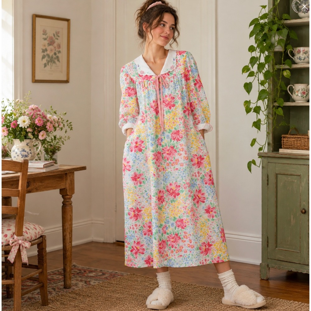 Vintage Housedress Granny Robe Floral Cottagecore S M Dainty Sailor Collar Cozy